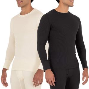 Fruit of The Loom Mens Recycled Waffle Thermal Underwear Crew Top (1 and 2 Packs) (Large, Black/Natural)