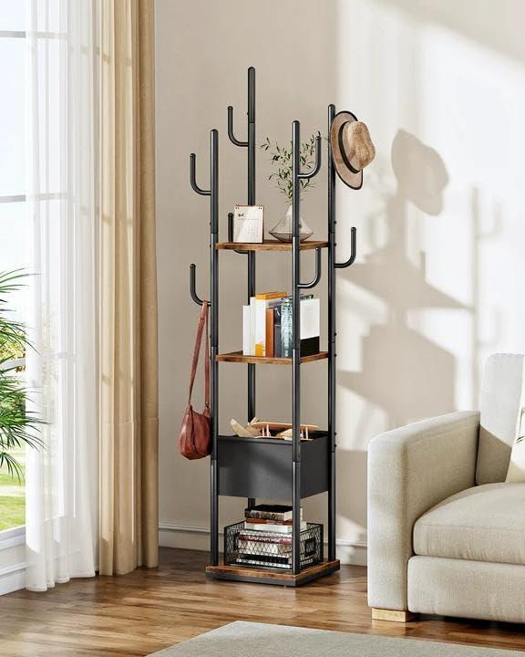 Coat Rack Freestanding, Coat Rack with 3 Shelves, 8 Hooks and 1 Fabric Pouch, Square Coat Hanger Stand, Metal Clothes Tree for Living Room, Bedroom, Entryway, Rustic Brown and Black TYM03BF