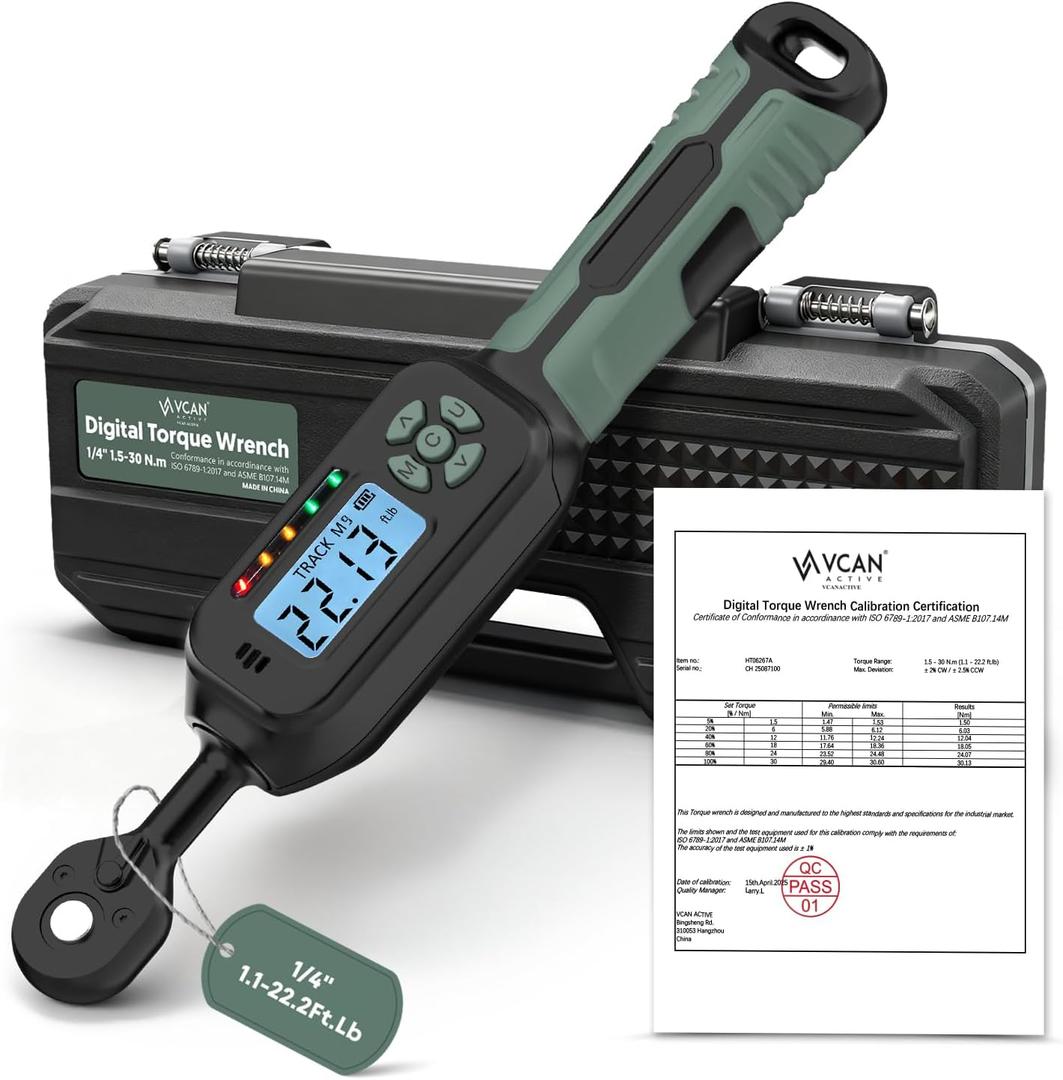 1/4 Torque Wrench Digital(1.1-22.2Ft.Lb) 1% Average test accuracy Digital Torque Wrench 1/4 Drive with Buzzer and Colorful LED Indicator/Track Mode for Bike Moto Gunsmithing
