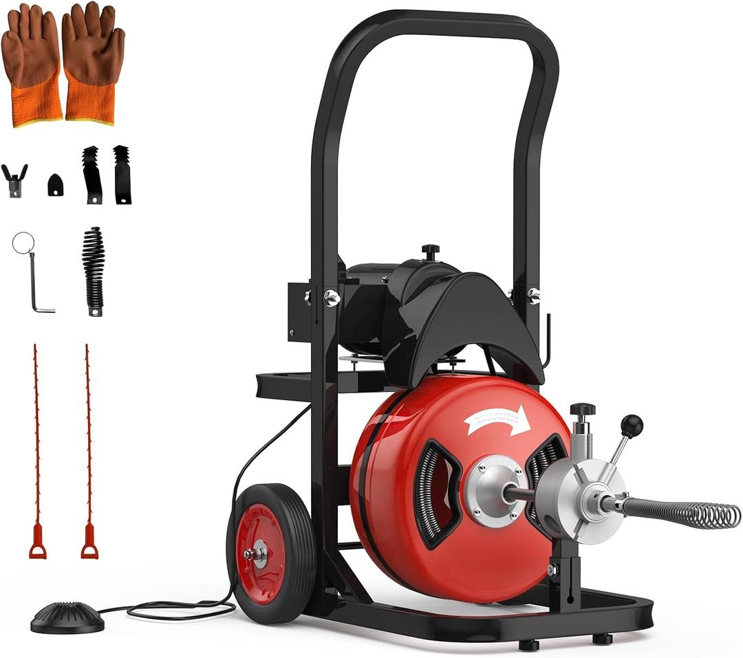 75FTx1/2Inch Electric Drain Cleaning Machin, Auto Feed Portable Sewer Snake, Sewer Snake Electric Drain Auger Cleaner with 6 Cutters & Air-Foot Switch for 1"-4" Pipes