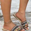 Women's Boho Beaded Beach Flat Sandals Embroidered Open Square Summer Slide Shoes Beach (M)
