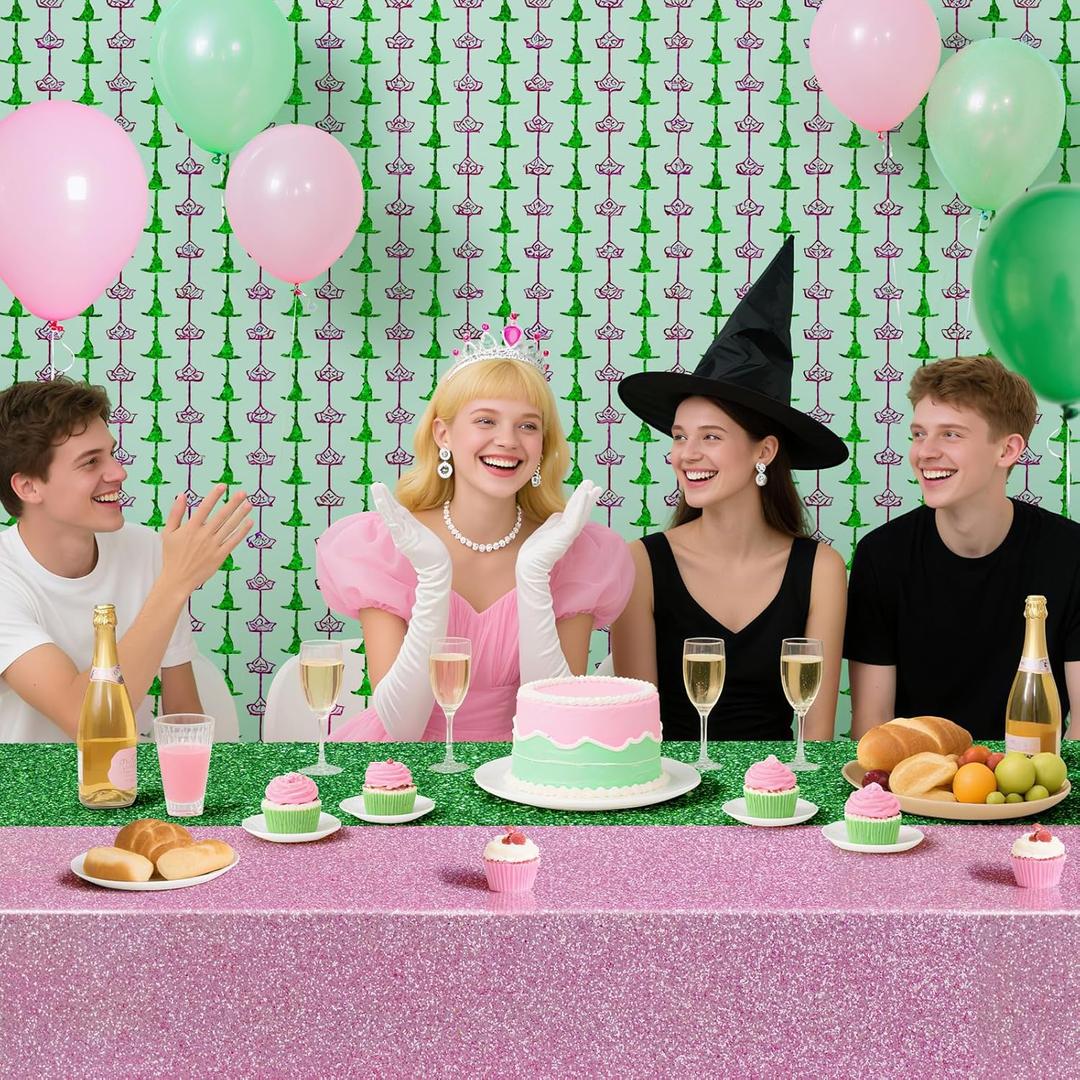 Ycitusi Witch Theme Party Decorations, Witch Hat Crown Rain Curtain, Pink and Green Waterproof Tablecloth for Wicked Party Decorations, Pink Green Birthday Party Supplies, 3PCS