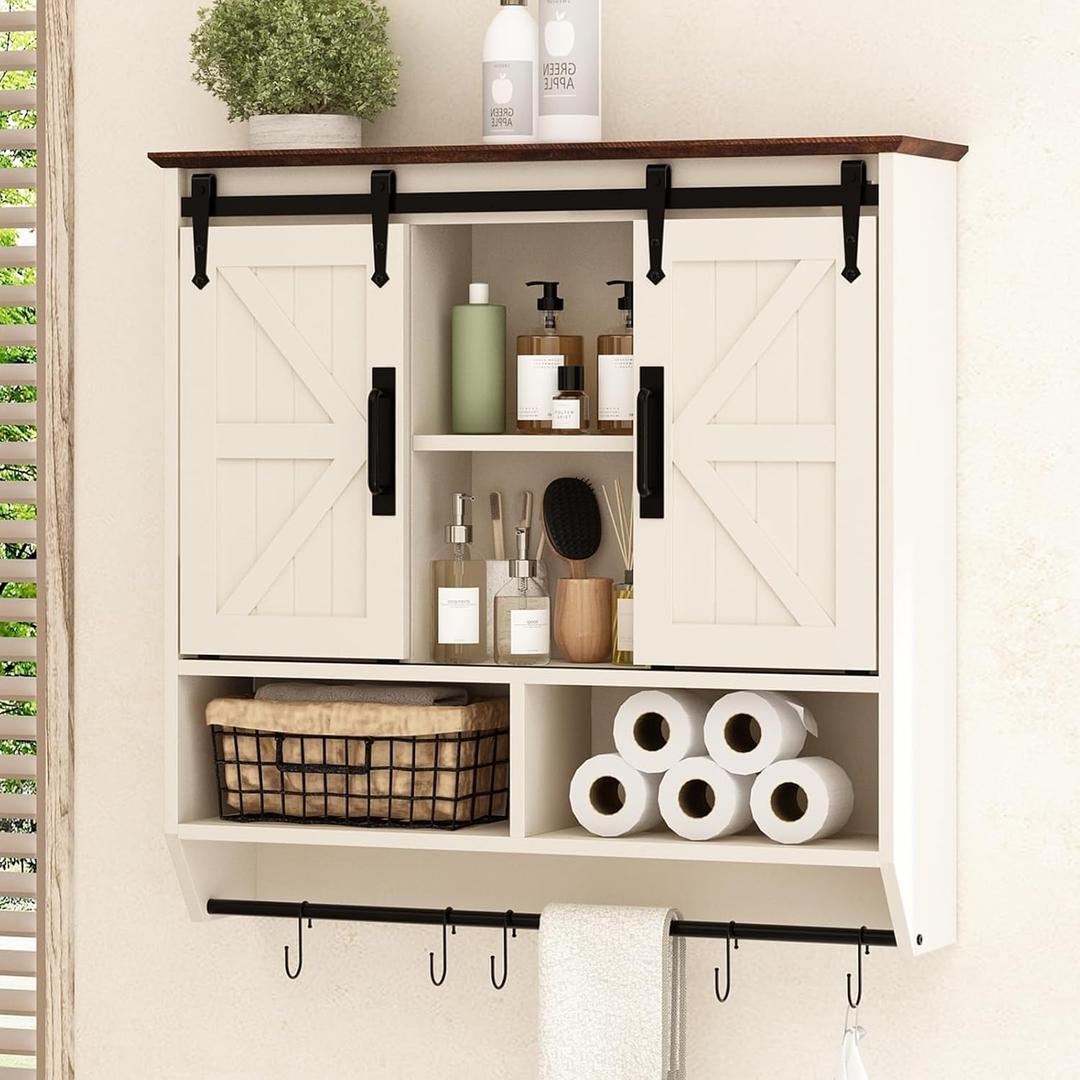 RUSTOWN Farmhouse Bathroom Wall Cabinet,3-Tier Rustic Wood Wall Mounted Cabinets,Vintage Medicine Cabinet with Sliding Barn Door and Adjustable Shelves,Over The Toilet Storage Cabinet (Vintage White)