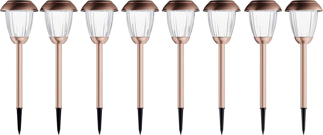 Solar-Powered Outdoor Lights - Set of 8 Stainless-Steel Stake Lights for Gardens, Walkways, Driveways, Landscapes, and Patios by Pure Garden (Copper)