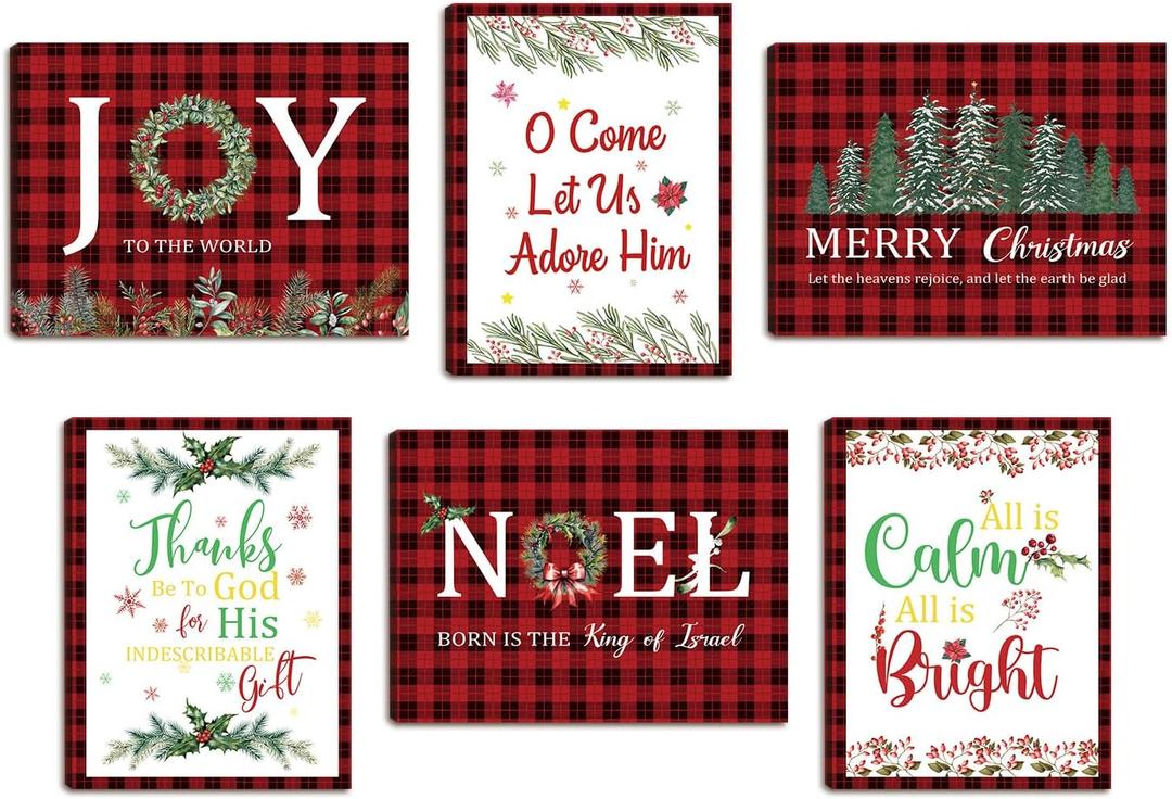 HOURIA 6Pcs Framed Buffalo Plaid Christmas Canvas Wall Art, Joy to The World Xmas Christian Jesus Wall Decor for Home,12x16 Vintage Religious Christmas Decorations for Living Room Bedroom