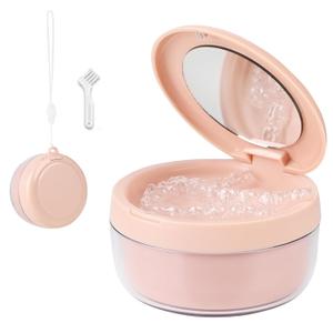 Denture Case, 2-in-1 Retainer Cleaner Case with Mirror & Strainer, Portable Aligner Bath Soaking Cup for Travel, Cute Orthodontic Storage Box for Mouth Guard, Night Guard & False Teeth, Pink