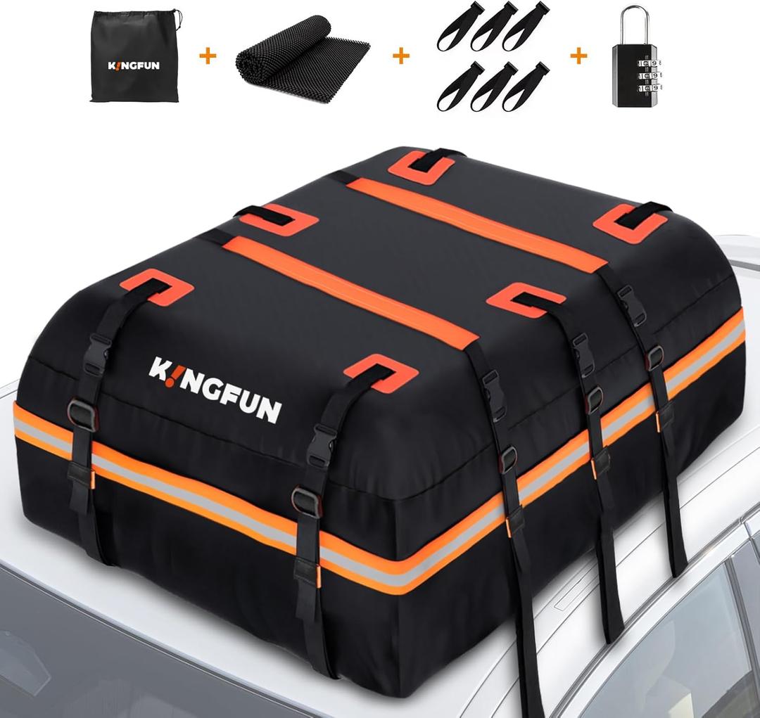Kingfun Rooftop Cargo Carrier - Waterproof 20 Cubic Feet Car Roof Bag for All Vechicles with/Without Racks, Includes Anti-Slip Mat, 8 Reinforced Straps, 6 Door Hooks, Luggage Lock