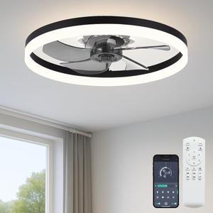 Fszdorj 20'' Ceiling Fan with Light, Upgraded Low Profile Fan, Flush Mount Ceiling Fan, 6 Speeds, Dimmable LED, App & Remote Control, Quiet DC Motor, for Bedroom, Living Room, F115 Black