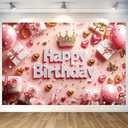 Pink Happy Birthday Backdrop Banner Pink Gold Photography Background for Girl Mom Lady Home Outdoor Birthday Party Decoration Supplies 70.8 x 47.2 Inch