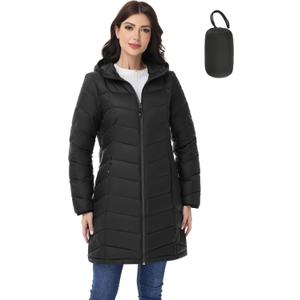 SLOW DOWN Womens Lightweight Puffer Coat, Women Hooded Packable Mid-Length Winter Puffer Jacket (Black, L)
