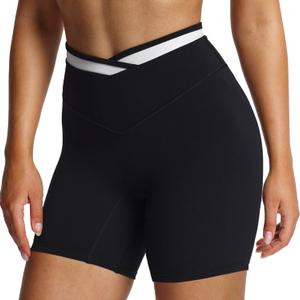 Aoxjox Velma Workout Biker Shorts for Women Color Block Cross-Waist High Waisted Exercise Gym Running Yoga Short 6" (XS, Black and White)