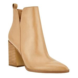 Juliet Holy Women's V Cut Ankle Boots Pointed Toe Stacked Chunky Heel Side Zipper Leather Cutout Western Booties, Beige, Size 9