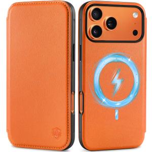 SHIELDON Slim Case Wallet for iPhone 17 Pro Max 6.9-inch 2025 | Genuine Leather, Wireless Charging, Folio Magnetic Closure, RFID Blocking Credit Card Holder, Shockproof Phone Cover - Orange