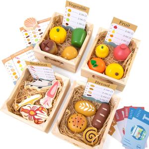 Wooden Play Food Sets for Kids Kitchen, Grocery Store Play Food Set, Play Toy Foods for Toddlers with Mesh Grocery Bag&4 Boxes, Pretend Play Fake Food Accessories Birthday Gifts for Girls Boys