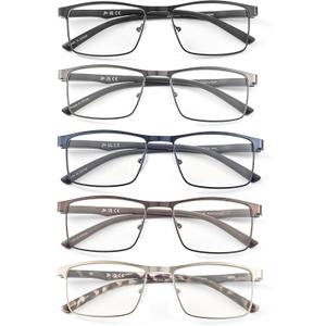JM 5 Pack Rectangular Reading Glasses Men, Blue Light Blocking Computer Readers, Metal Thin Frame Spring Hinge Eyeglasses