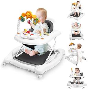 5-in-1 Baby Walker, Baby Walkers for Boys Girls 6-18 Months, Foldable Activity Walker, Toddler Infant Walker with Bouncer, Adjustable Height, Removable Footrest, Feeding Tray, Music