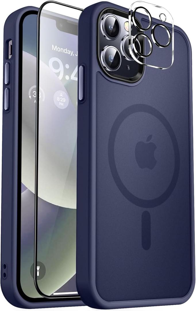 MOCCA Strong Magnetic for iPhone 12 Pro Max Case,[Compatible with Magsafe][Glass Screen Protector+Camera Lens Protector] Slim Thin Shockproof Cover Phone Case for iPhone 12 Pro Max 6.7", Deep Blue