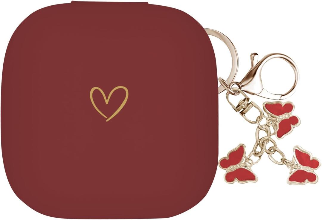 Compatible with Powerbeats Pro, Soft Silicone Case with Gold Heart Pattern for Powerbeats Pro Case with Cute Butterfly Keychain for Girls Women (Burgundy)
