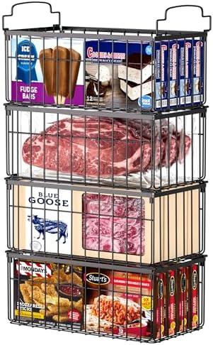 MSERCUOR Freezer Organizer Bins, 4 Pack Stackable Deep Chest Freezer Organizer Bins, Foldable Baskets with Handles, Black Storage Container Baskets for 5/ 7 Cu.FT Deep Freezer Sort Frozen Meats