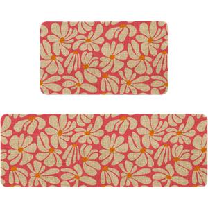 Spring Daisy Floral Kitchen Mats Decor, Pink Retro Groovy Flower Power Kitchen Rugs Sets of 2, Vintage 1970s Floral Rug Home Decorations Indoor, 17" x 30" and 17" x 47"