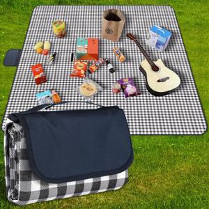 Picnic Blanket Waterproof Beach Rug 80''x118'' Picnic Mat Washable Lightweight with Handle Navy Blue Checkered for Hiking Travelling Outdoor Camping,Parks, 6'7" x 9'10"