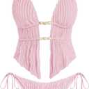 ZAFUL Halter Swimsuits for Women Textured Backless 2 Piece Bathing Suits Cheeky High Cut String Tie Side Bikini Sets (Pink, M)