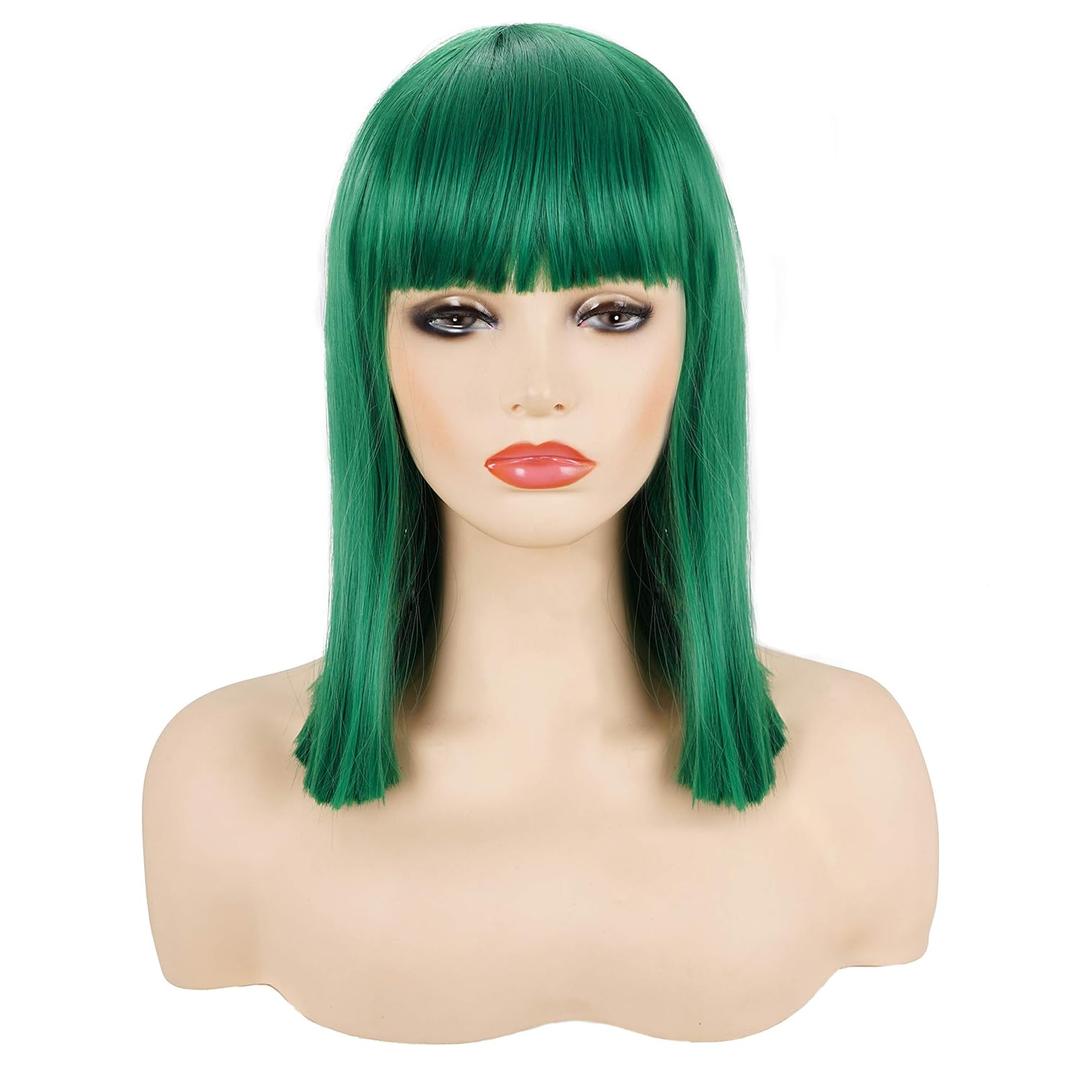 morvally Short Straight Bob Wig Heat Resistant Hair with Blunt Bangs Natural Looking Cosplay Costume Daily Wigs (14", Green)
