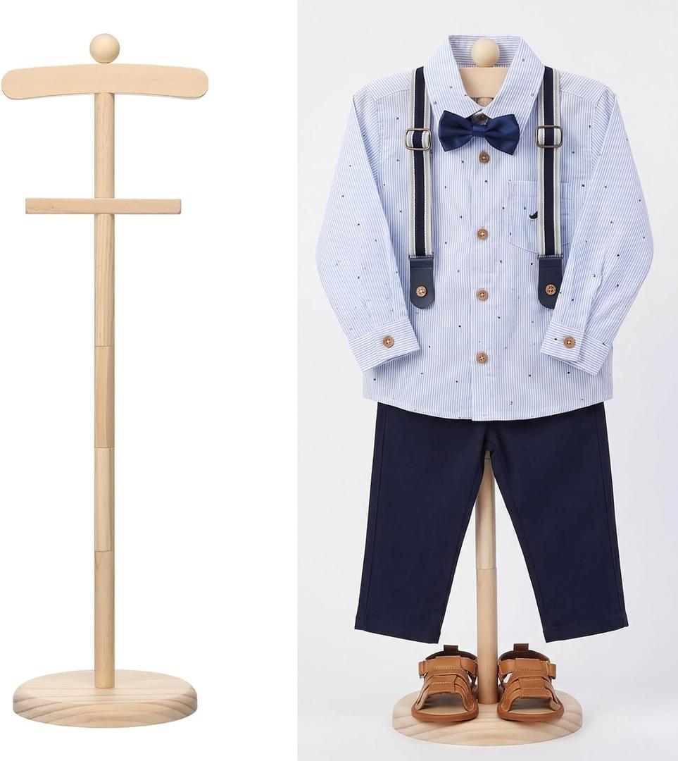 Bucherry 1 Pack Baby Clothes Display Stand Wooden Baby Shower Centerpiece Adjustable Height Circle Shaped Dress Hanger Doll Dress Outfit Stand Rack Hand Assembled Hangers Display Set (Wood Color)