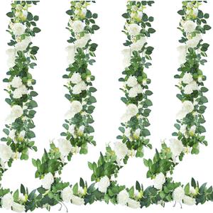 Sggvecsy 4Pcs 31Ft Artificial Rose Vine Fake Flower Garland Floral Garland Faux Silk Hanging Vine Rose Ivy Vines for Wedding Arch Party Wall Garden Ceremony Background Outdoor Decor , White