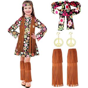 Haysandy Kids Hippie Costume Set 60s 70s Hippie Dress Peace Sign Party Accessories for Carnival Halloween Cosplay Party
 (9-10 Years, Brown)