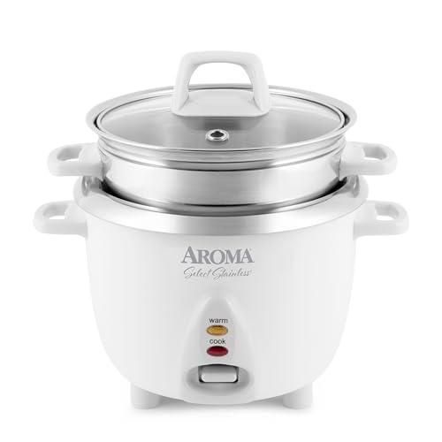 Aroma Housewares 6-Cup (Cooked yield ) / 1.2Qt. Select Stainless Pot-Style Rice Cooker, & Food Steamer, One-Touch Operation, White