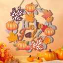 Soochat Hello Fall Wreaths, Fall Door Wreath, Wooden Fall Door Sign Hanging Pumpkin Maple Leaf Wreath with Autumn Sign for Thanksgiving Fall Harvest Outdoor Indoor Party Decor