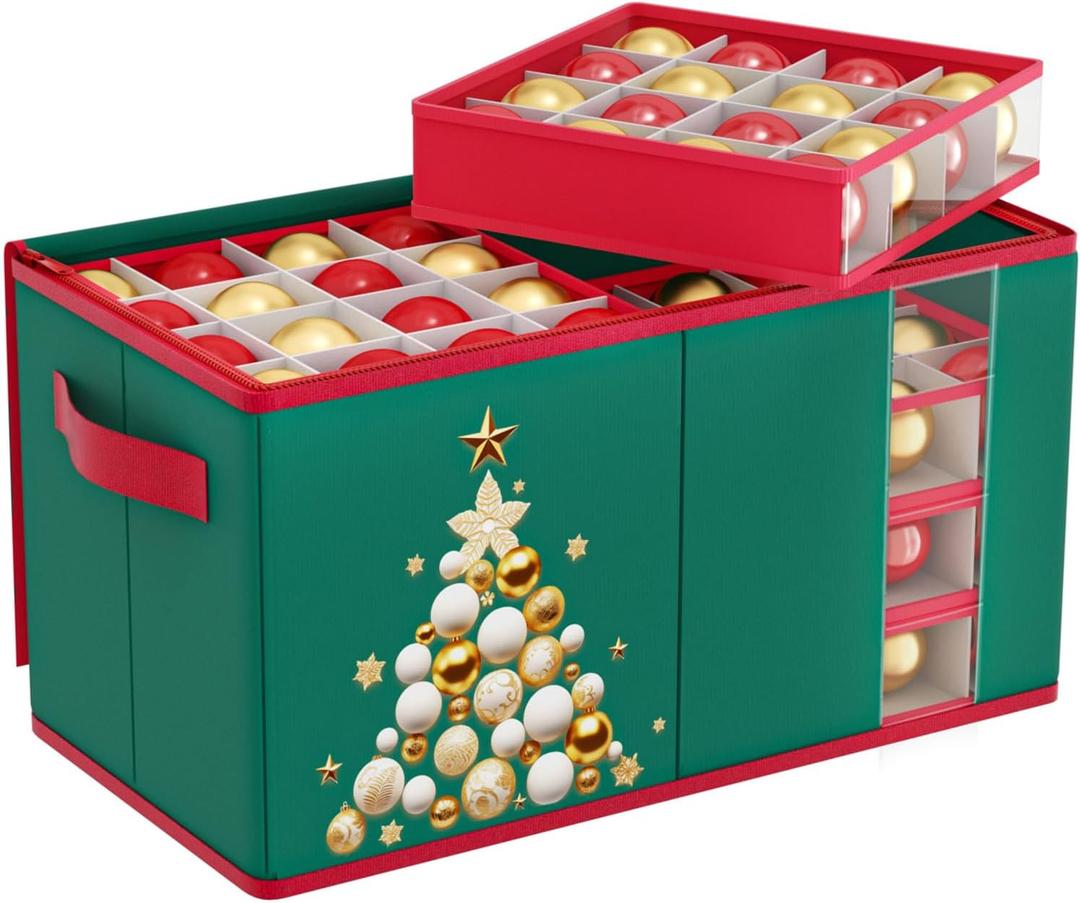 Large Christmas Ornament Storage with 8 Adjustable Trays Christmas Ornament Organizer Storage Box with Dividers Green Xmas Ornaments Storage for Holiday Decor Storage Box Fits 128 Ornaments