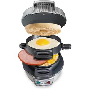 Hamilton Beach Breakfast Sandwich Maker with Egg Cooker Ring, Customize Ingredients, Perfect for English Muffins, Croissants, Mini Waffles, Perfect White Elephant Gifts, Silver (25475) (Single)