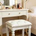 Vanity Stool with White Faux Leather Cushion, Small Vanity Bench-Tufted Leatherette Seat with Nailhead Trim & Button-Tufted Design,Solid Wood Legs with Carved Detail, Backless Makeup Stool for Bedroom, 16.38"L x 13.97"W x 18.30"H