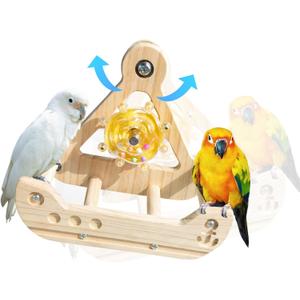 Bird Stand Perch Toy,Interactive Rocking Parakeet Toy and Perch, Wooden Exercise Wheel Cockatiel Toy, Intelligence Puzzle Enrichment Toys,Bird Playground Play Stands for Conure Budgie(C)