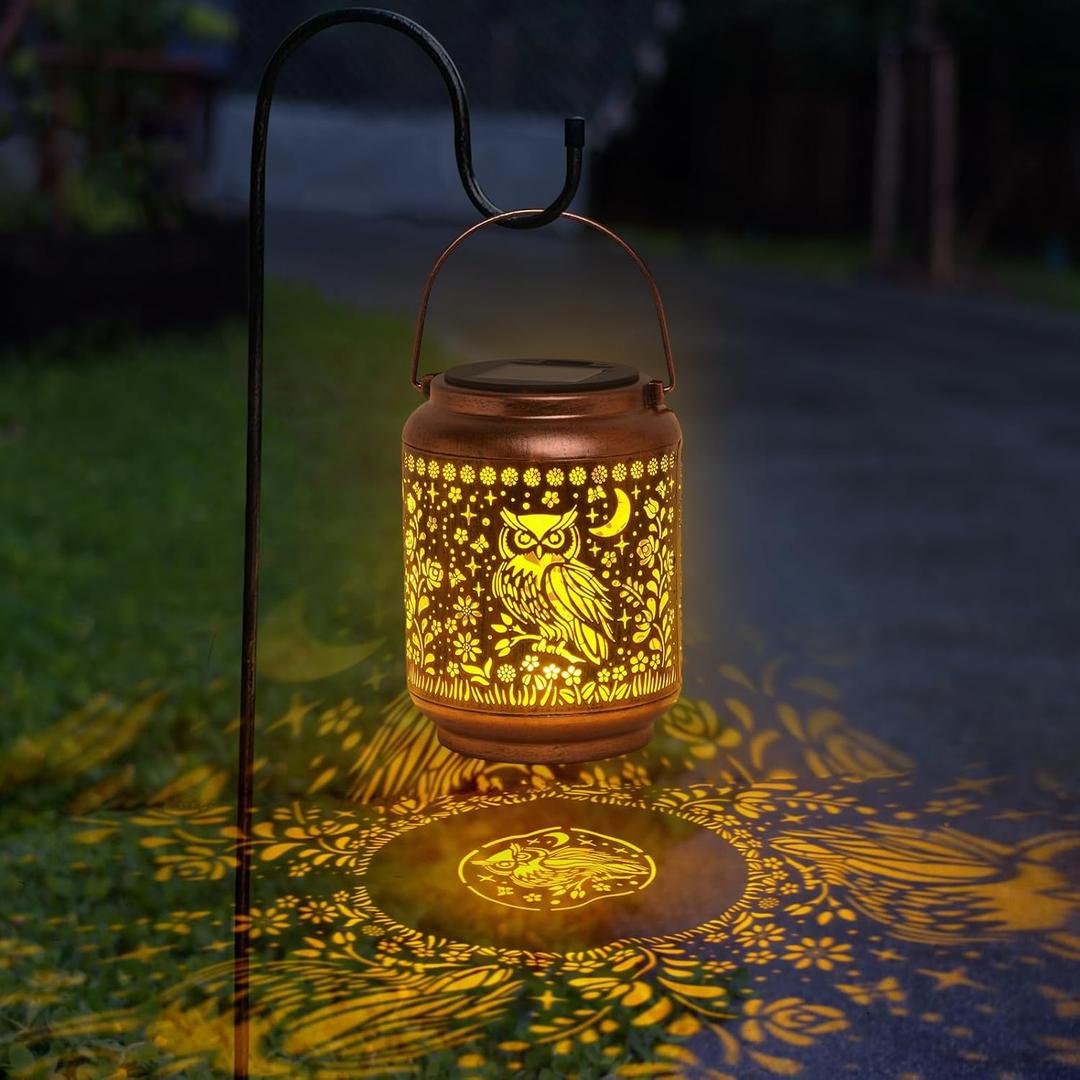 KIKUSUI Solar Owl Lanterns Outdoor Waterproof Hanging, Gifts for Mom Women Dad Men, Metal Decorative LED Lanterns for Yard, Patio, Lawn, Tabletop, Pathway, Landscape, Garden Decor