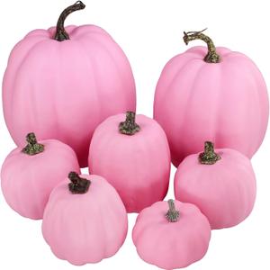 Winlyn 7 Pcs Assorted Sizes Fall Artificial Pink Pumpkins Harvest Faux Foam Pumpkins for Fall Autumn Season Halloween Thanksgiving Harvest Holiday Season Festive Tabletop Decoration