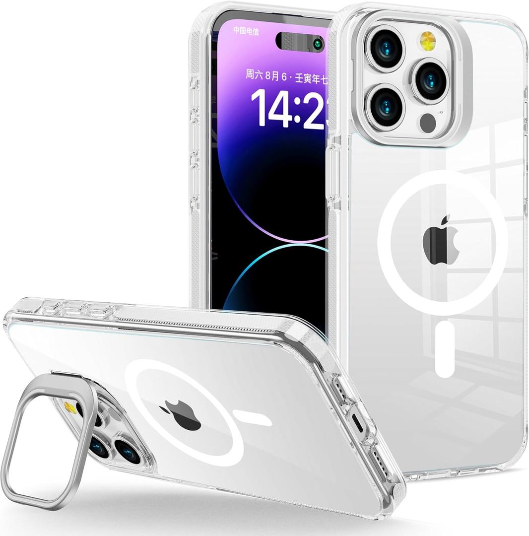 for iPhone 15 Pro Case Clear with Kickstand and Screen Protector - Wireless Charging Compatible,21ft Military-Grade Drop TestedShockproof Slim Fit Magnetic Crystal Cover - White