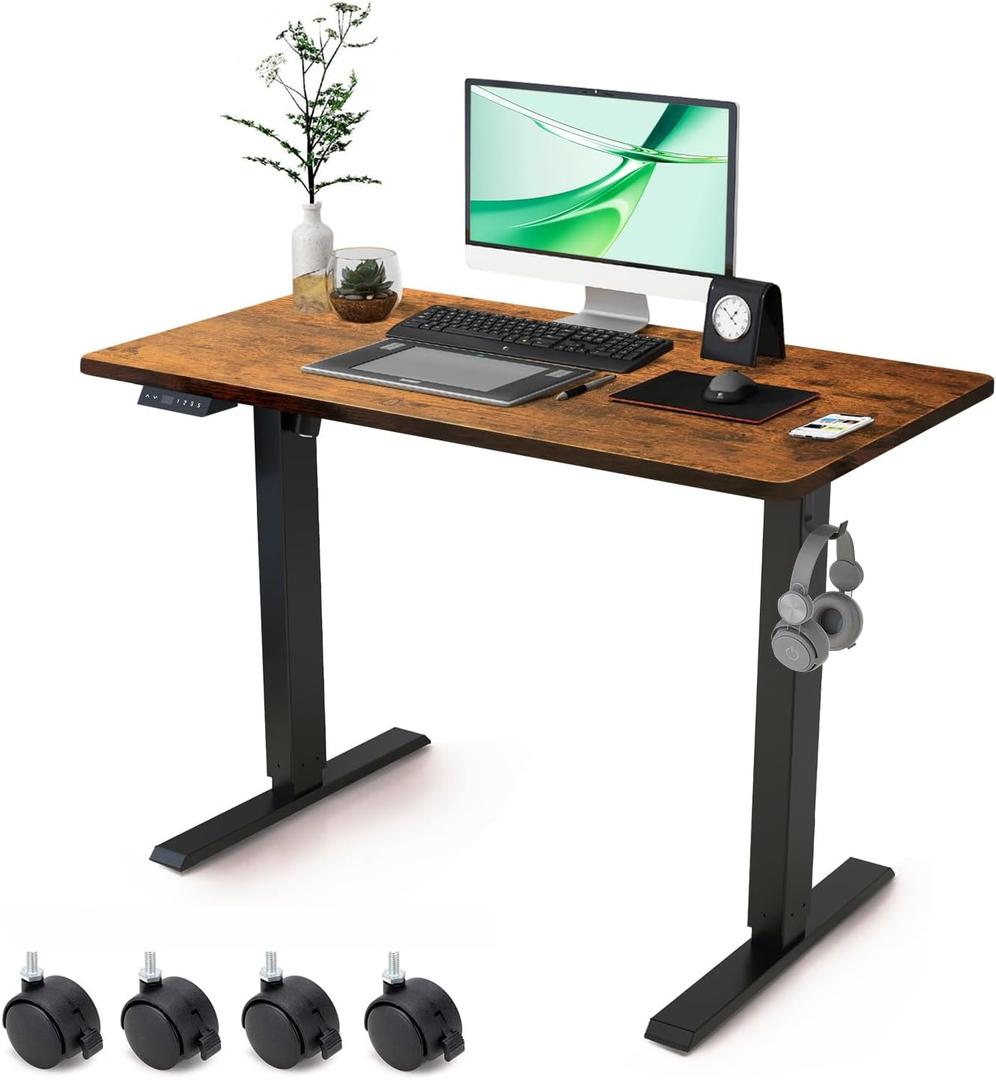 Electric Standing Desk Adjustable Height - Rolling Sit to Stand Desks on Wheels - Mobile Standup Computer Table 40 Inch Brown One Piece Desktop and Rising Frame with Storage for Home Office & Gaming (Rustic Brown)