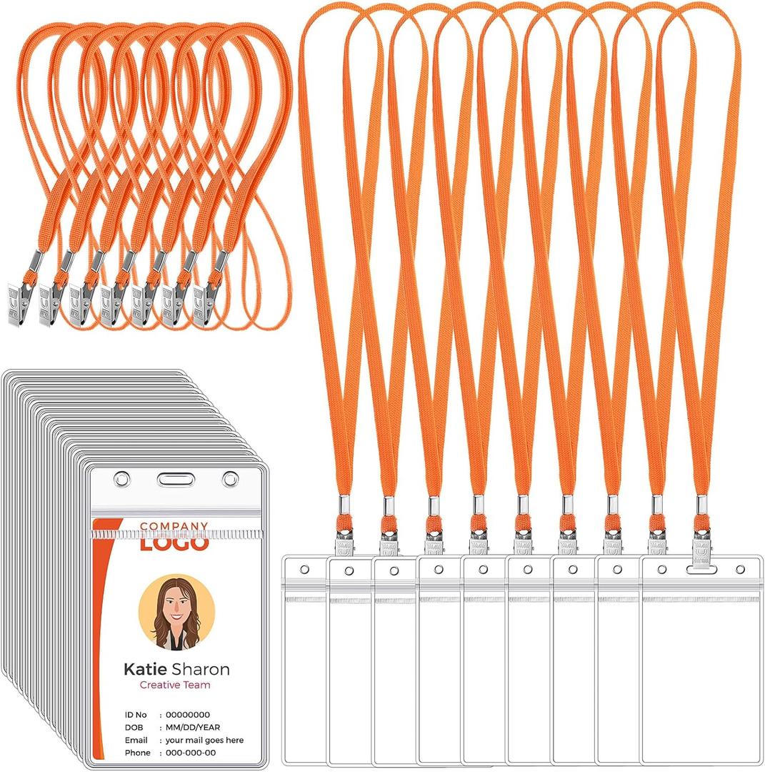 Marspark 100 Pcs ID Badge Holder with Lanyard Lanyards for ID Badges Resealable Flat Neck Name Tag with Clip Waterproof Plastic Clear Badges Bulk for School Office Supplies (Orange)