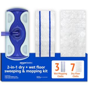 Amazon Basics Wet & Dry Sweeper Kit (1 Sweeper Handle, 7 Heavy Duty Dry Cloths, 3 Wet Floor Cloths) Pack of 1