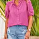 PRETTYGARDEN Women's 2026 Summer Button Down Shirts Short Lantern Sleeve V Neck Cotton Cute Tops Dressy Casual Blouses (M)