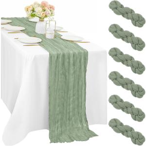 6 Pcs Sage Green Cheesecloth Table Runner 10FT Runner for Tables 35 x 120 Inches Long Gauze Boho Fabric Table Runner Decoration Rustic Sheer Runner for Wedding Birthday Baby Shower Party (Sage Green)
