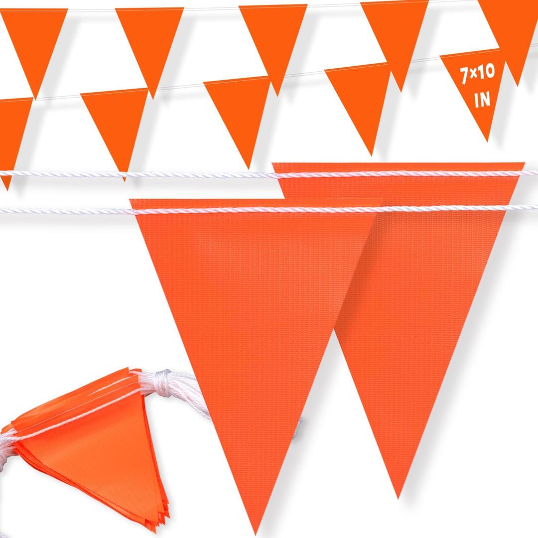 105ft Pennant Banner Flags, 7x10 Orange 45 Pcs High Visibility Safety Flagging on String, Triangle Pool Flags for Backstroke, Construction Events Party Decoration Parking Marking Outside