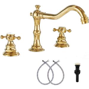 GGStudy 8-16 inch Two Handles 3 Holes Widespread Bathroom Sink Faucet Gold Basin Mixer Tap Faucet Matching Metal Pop Up Drain with Overflow, Metal Cover, Gold