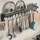AmoiChic Adhesive Wall Mounted Pot Pan Rack, Kitchen Wall Mounted Detachable Pan Lid Utensils Organizer Hanging Rail with 8 Hooks for Kitchen Bathroom Bedroom,17.7''