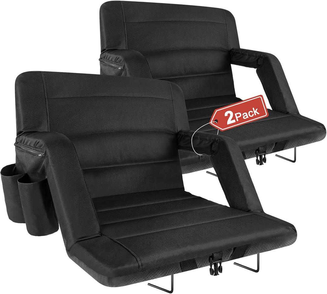 Extra Wide Stadium Seats with Back Support 2 Pack, Bleacher Chairs with Back and Cushion Folding Stadium Chairs, 6 Reclining Positions Waterproof Bleacher Seats (Extra Wide|25" Black)