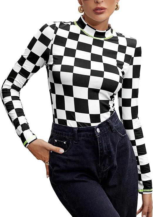 Women's High Neck Long Sleeve Slim Fit Stretch Striped T-Shirts,  Size M