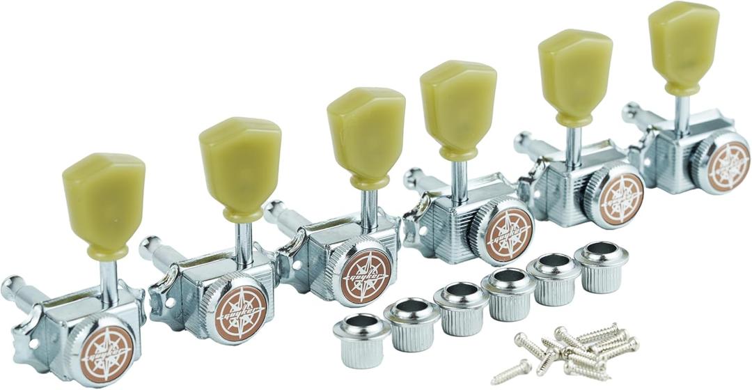 Guyker 3x3 Vintage Style Locking Guitar Machine Heads  1:15 Ratio Lock String Deluxe Tuning Key Pegs Tuners Set Replacement for Electric, Acoustic or Folk Guitars - Chrome (Chrome - Yellow Green Handle)